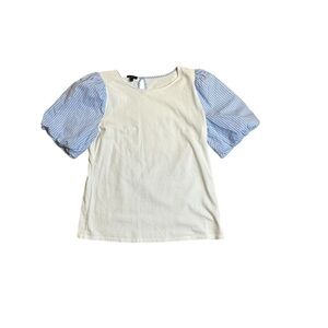 Talbots White Knit Top Blue Striped Puff Sleeve Size L